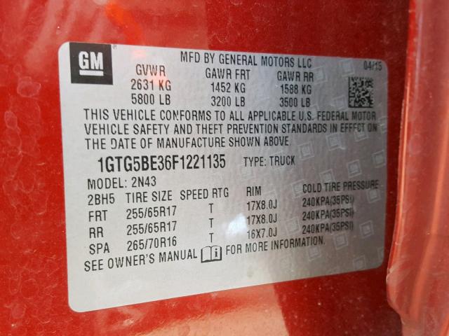 1GTG5BE36F1221135 - 2015 GMC CANYON SLE RED photo 10