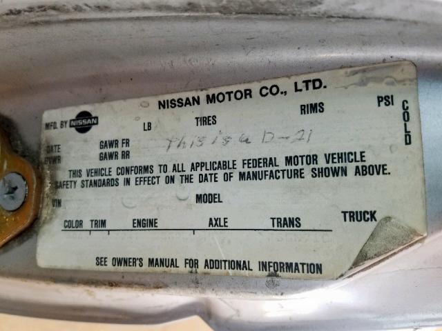 1N6ND11S1GC381153 - 1986 NISSAN D21 SHORT SILVER photo 10