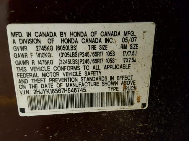 2HJYK16567H546745 - 2007 HONDA RIDGELINE MAROON photo 10