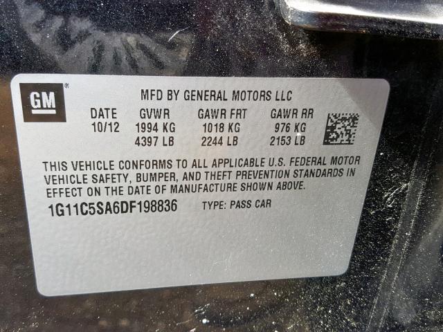 1G11C5SA6DF198836 - 2013 CHEVROLET MALIBU 1LT 黑色 照片 10