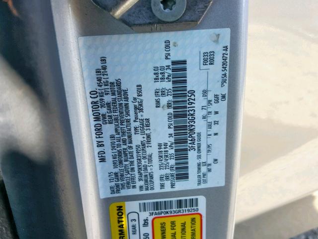 3FA6P0K93GR319250 - 2016 FORD FUSION TIT SILVER photo 10