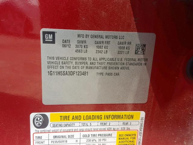 1G11H5SA3DF123481 - 2013 CHEVROLET MALIBU LTZ წითელი ფოტო 10
