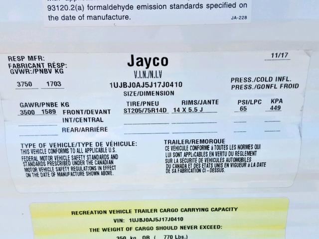 1UJBJ0AJ5J17J0410 - 2018 JAYCO JAYFLIGHT  WHITE photo 10