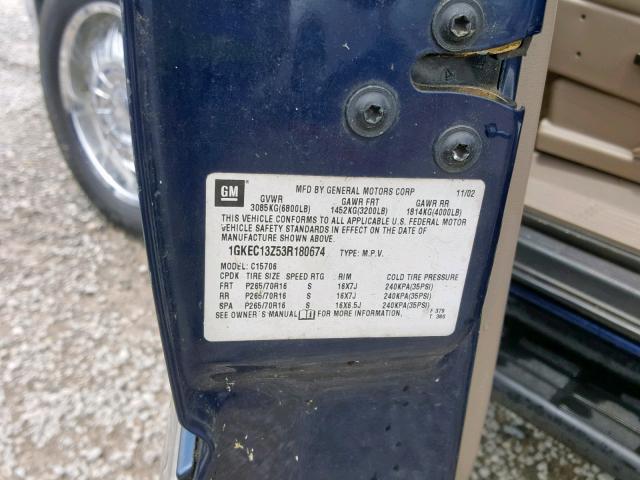 1GKEC13Z53R180674 - 2003 GMC YUKON BLUE photo 10