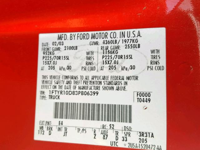 1FTYR10D83PB06399 - 2003 FORD RANGER RED photo 10