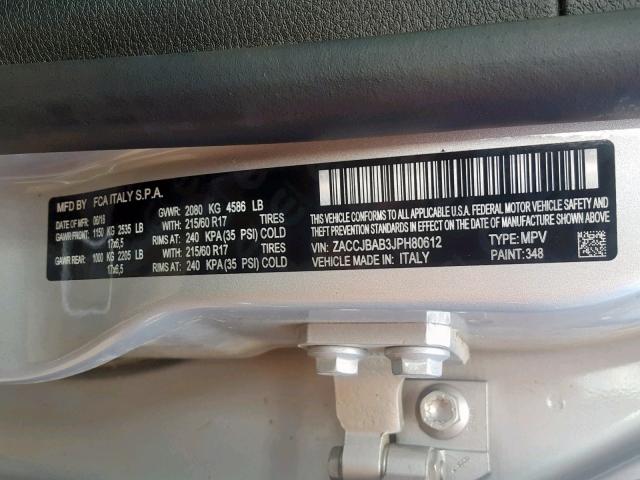 ZACCJBAB3JPH80612 - 2018 JEEP RENEGADE S SILVER photo 10