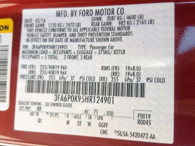 3FA6P0K95HR124901 - 2017 FORD FUSION TIT MAROON photo 10