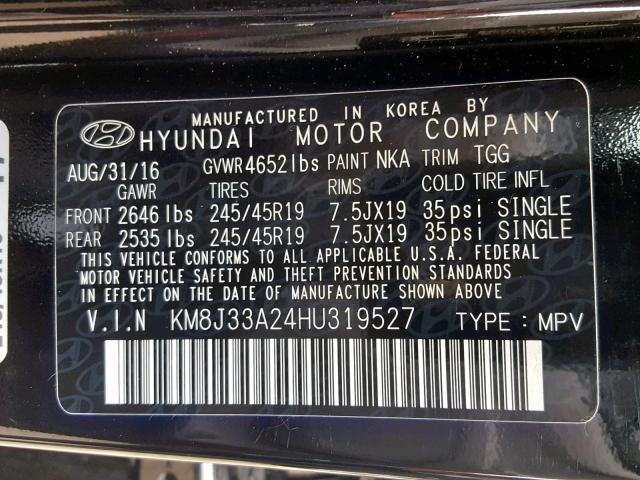 KM8J33A24HU319527 - 2017 HYUNDAI TUCSON LIM BLACK photo 10