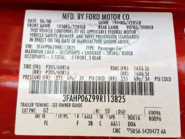 3FAHP06Z99R113825 - 2009 FORD FUSION S RED photo 10