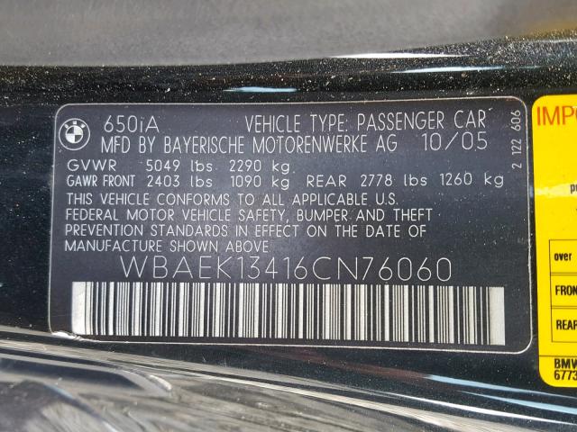 WBAEK13416CN76060 - 2006 BMW 650 I BLACK photo 10