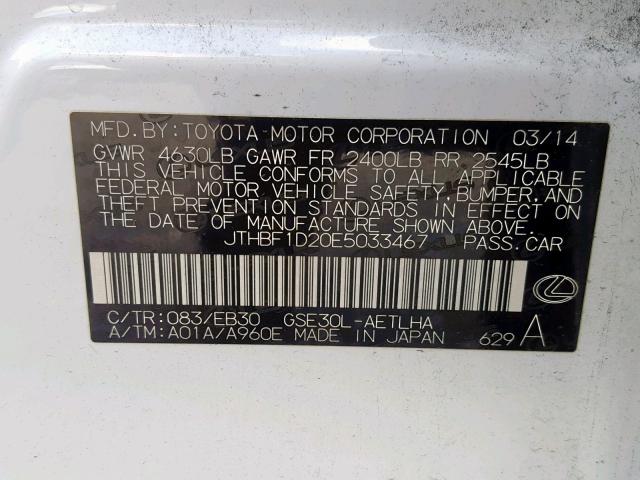 JTHBF1D20E5033467 - 2014 LEXUS IS 250 WHITE photo 10