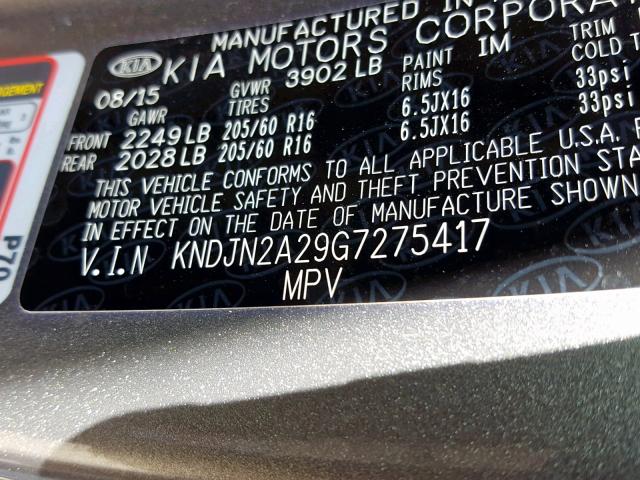 KNDJN2A29G7275417 - 2016 KIA SOUL GRAY photo 10