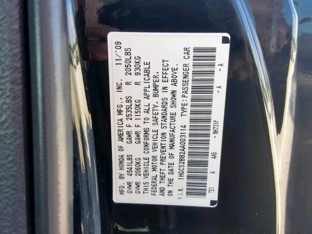 1HGCS2B82AA003114 - 2010 HONDA ACCORD EXL BLACK photo 10