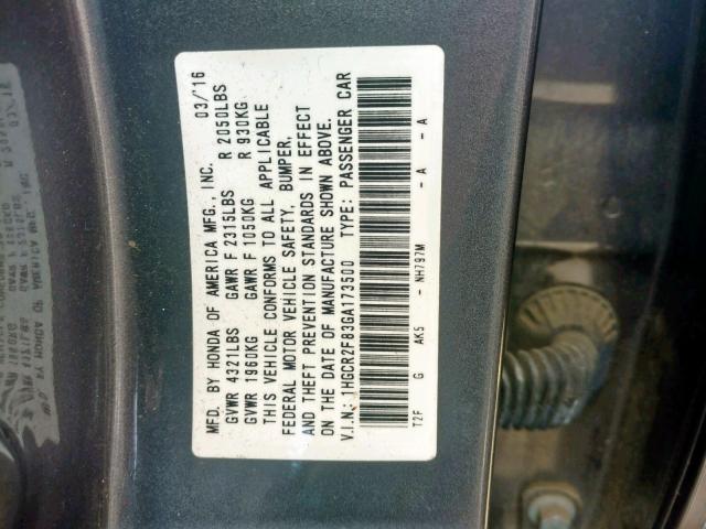 1HGCR2F83GA173500 - 2016 HONDA ACCORD EXL GRAY photo 10