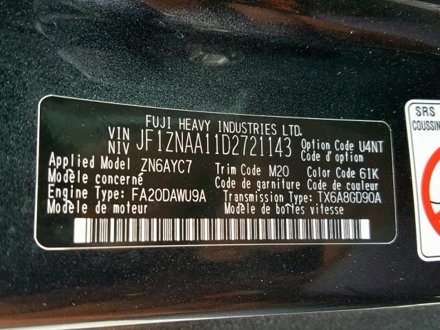 JF1ZNAA11D2721143 - 2013 TOYOTA SCION FR-S GRAY photo 10