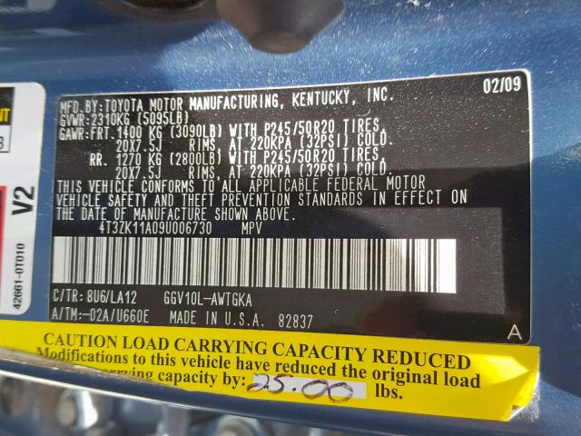 4T3ZK11A09U006730 - 2009 TOYOTA VENZA BLUE photo 10