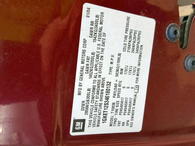 1GKET12S346180132 - 2004 GMC ENVOY XUV MAROON photo 10