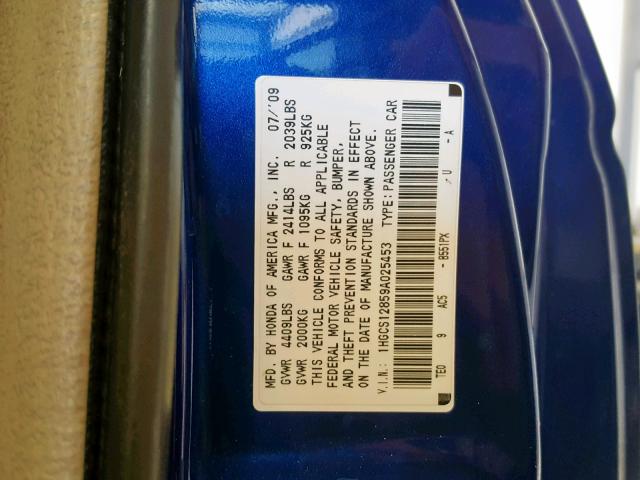 1HGCS12859A025453 - 2009 HONDA ACCORD EXL BLUE photo 10