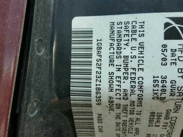 1G8AF52F23Z186359 - 2003 SATURN ION LEVEL MAROON photo 10