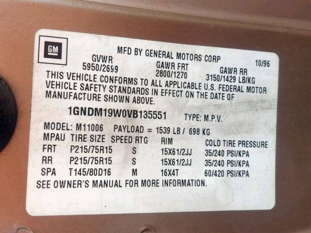 1GNDM19W0VB135551 - 1997 CHEVROLET ASTRO BROWN photo 10