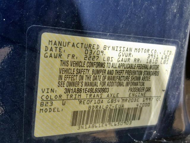 3N1AB61E49L650903 - 2009 NISSAN SENTRA 2.0 BLUE photo 10