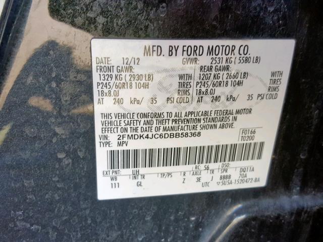 2FMDK4JC6DBB58368 - 2013 FORD EDGE SEL BLACK photo 10