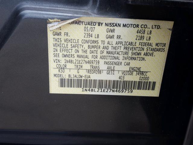 1N4BL21E27N469759 - 2007 NISSAN ALTIMA 3.5 GRAY photo 10