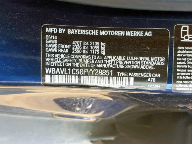 WBAVL1C58FVY28851 - 2015 BMW X1 XDRIVE2 BLUE photo 10