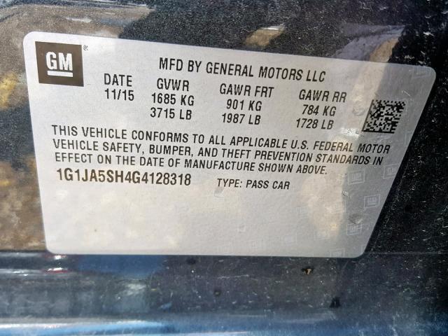 1G1JA5SH4G4128318 - 2016 CHEVROLET SONIC LS GRAY photo 10