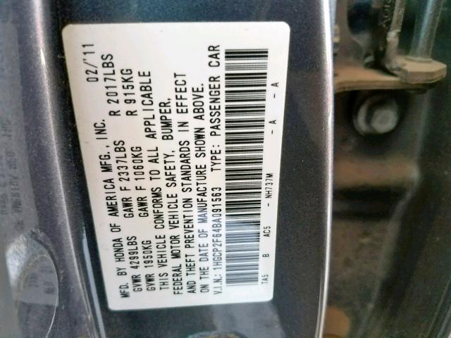 1HGCP2F64BA091563 - 2011 HONDA ACCORD SE GRAY photo 10