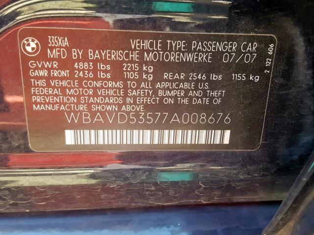 WBAVD53577A008676 - 2007 BMW 335 XI BLUE photo 10