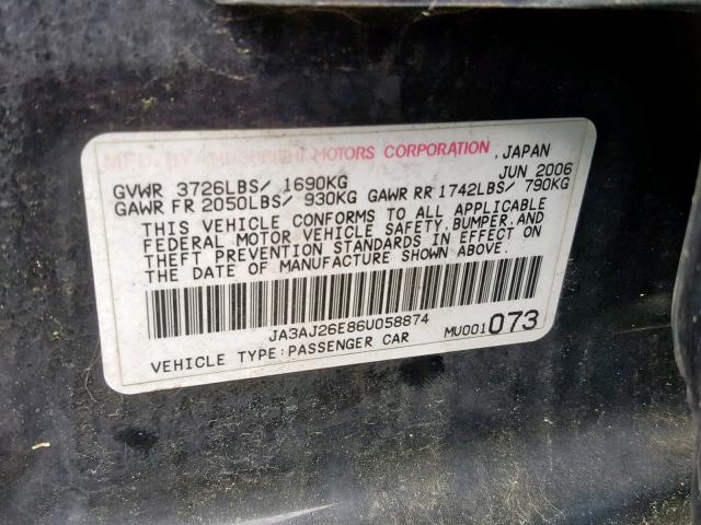 JA3AJ26E86U058874 - 2006 MITSUBISHI LANCER ES BLACK photo 10