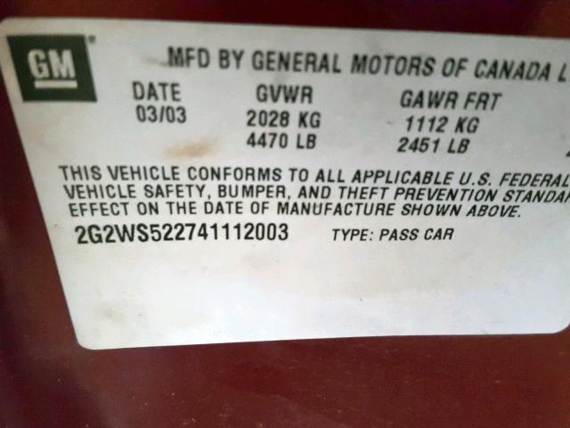 2G2WS522741112003 - 2004 PONTIAC GRAND PRIX RED photo 10