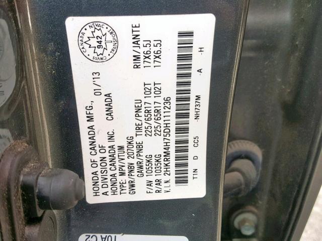 2HKRM4H75DH111236 - 2013 HONDA CR-V EXL GRAY photo 10