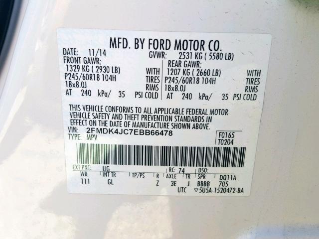 2FMDK4JC7EBB66478 - 2014 FORD EDGE SEL WHITE photo 10