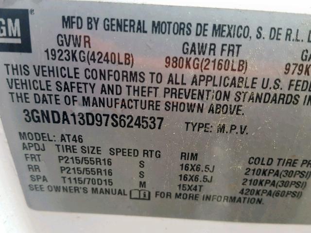 3GNDA13D97S624537 - 2007 CHEVROLET HHR LS WHITE photo 10
