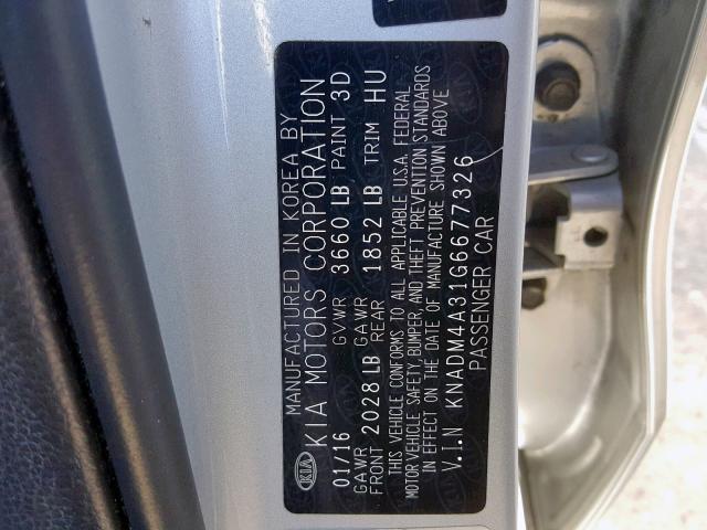 KNADM4A31G6677326 - 2016 KIA RIO LX SILVER photo 10