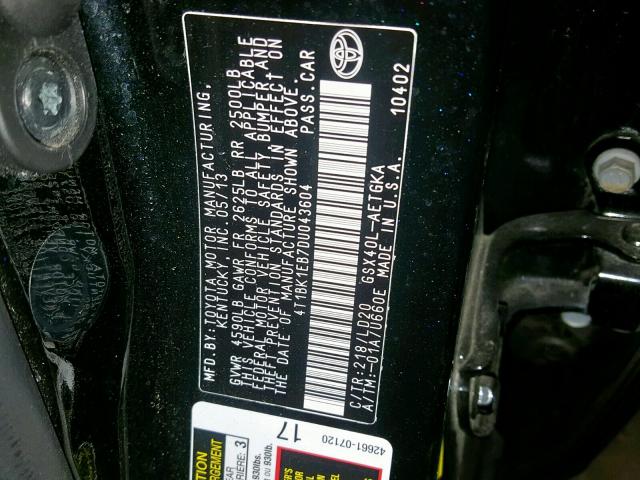 4T1BK1EB7DU043604 - 2013 TOYOTA AVALON BAS BLACK photo 10