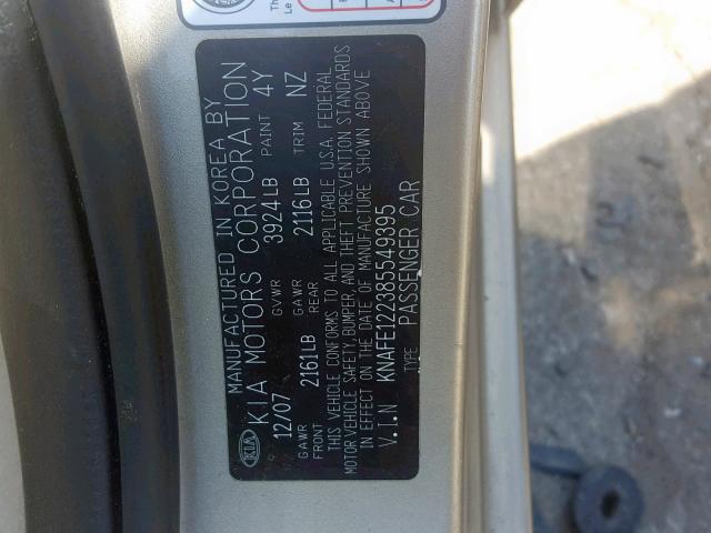 KNAFE122385549395 - 2008 KIA SPECTRA EX GOLD photo 10