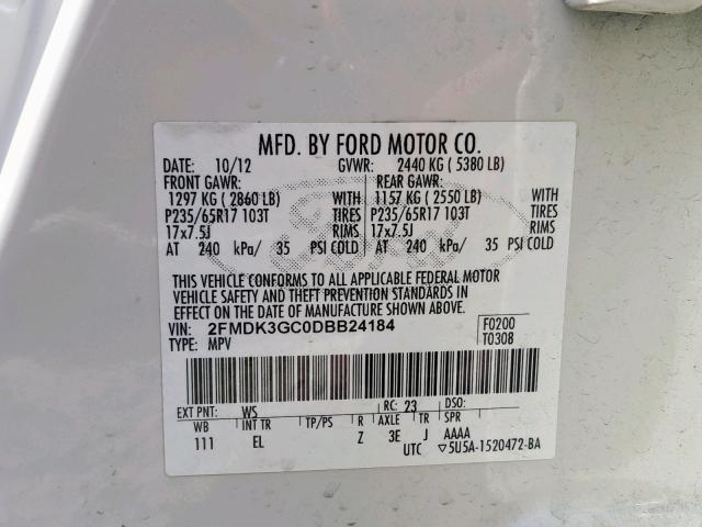 2FMDK3GC0DBB24184 - 2013 FORD EDGE SE WHITE photo 10