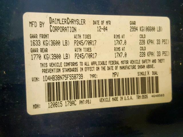 1D4HB38N75F558739 - 2005 DODGE DURANGO ST BLUE photo 10