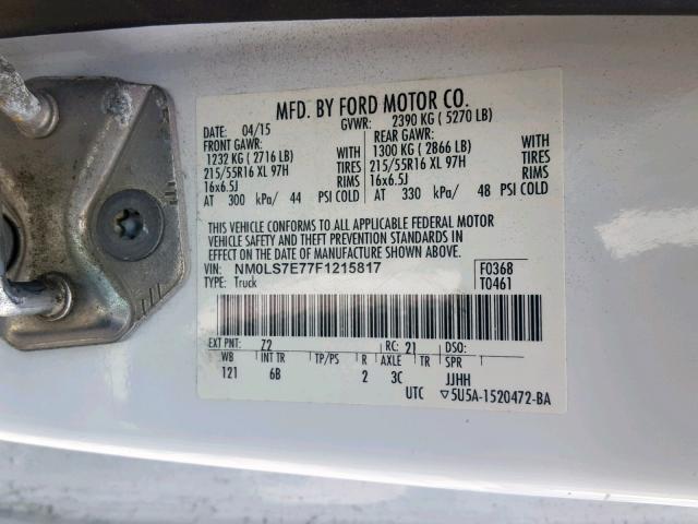 NM0LS7E77F1215817 - 2015 FORD TRANSIT CO WHITE photo 10