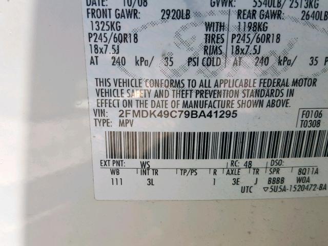 2FMDK49C79BA41295 - 2009 FORD EDGE LIMIT WHITE photo 10