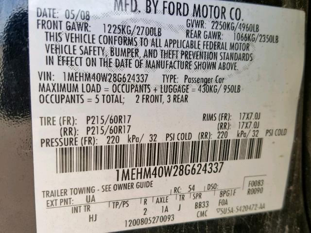 1MEHM40W28G624337 - 2008 MERCURY SABLE LUXU BLACK photo 10