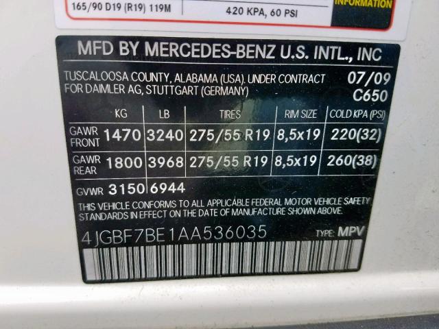 4JGBF7BE1AA536035 - 2010 MERCEDES-BENZ GL 450 4MA WHITE photo 10