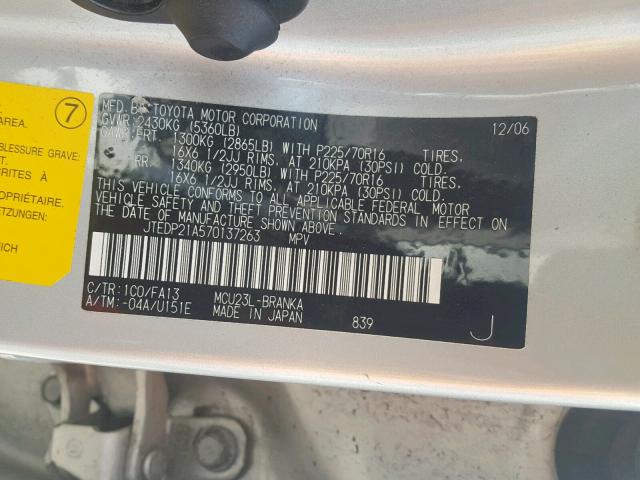 JTEDP21A570137263 - 2007 TOYOTA HIGHLANDER SILVER photo 10