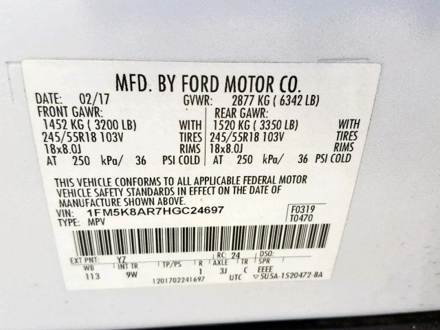 1FM5K8AR7HGC24697 - 2017 FORD EXPLORER P WHITE photo 10