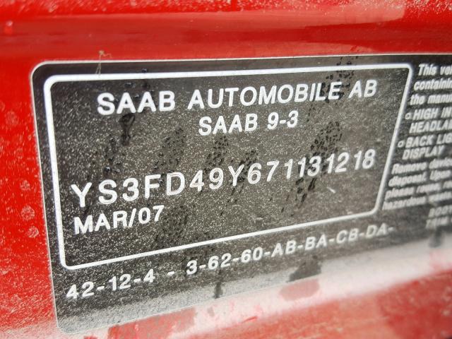 YS3FD49Y671131218 - 2007 SAAB 9-3 2.0T RED photo 10