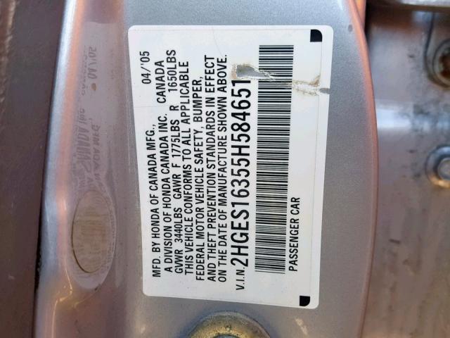 2HGES16355H584651 - 2005 HONDA CIVIC DX V SILVER photo 10