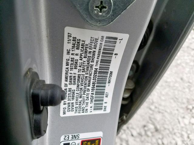 1HGFA16948L032884 - 2008 HONDA CIVIC EXL SILVER photo 10